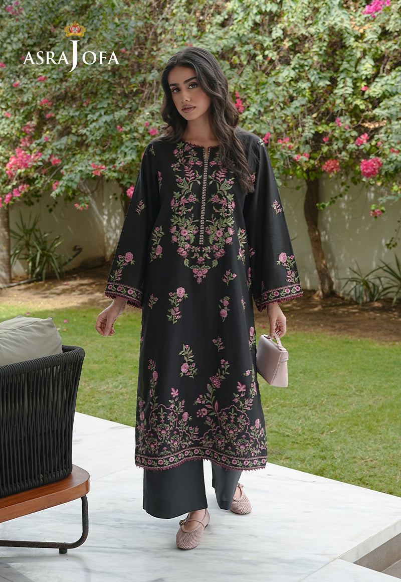 Asra Jofa ASAE-08 black embroidered cambric kurta with pink and green botanical floral embroidery and lace hem border – full length view