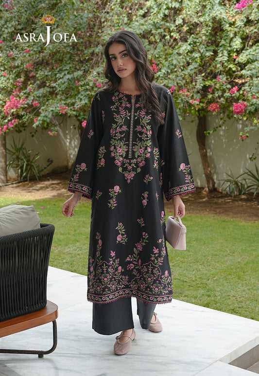 Asra Jofa ASAE-08 black embroidered cambric kurta with pink and green botanical floral embroidery and lace hem border – full length view
