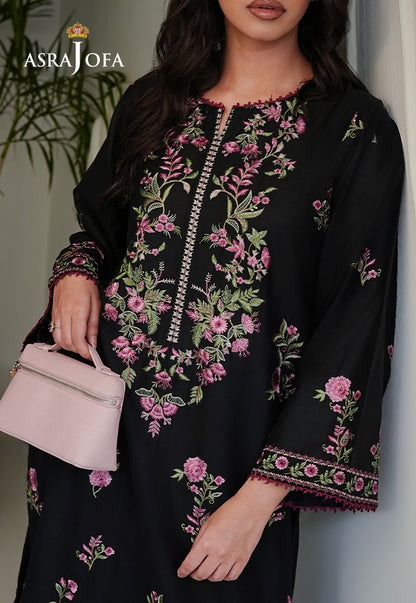 Asra Jofa ASAE-08 detailed close-up of black cambric kurta featuring pink rose embroidery, green leaf motifs, silver placket and pink pom-pom cuff trim