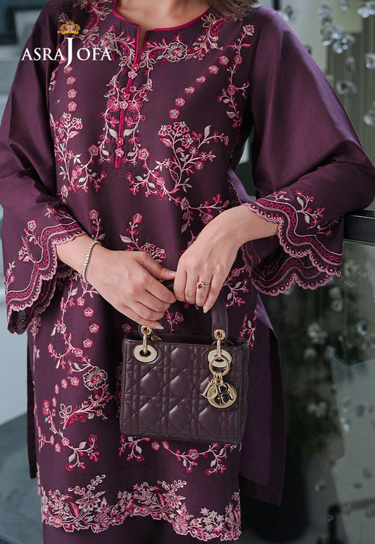 Asra Jofa ASAE-05 deep plum embroidered cambric kurta close-up with pink floral embroidery, scallop cuff sleeves and front placket detail
