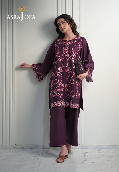 Asra Jofa ASAE-05 plum purple embroidered cambric 2-piece suit with wide-leg trousers – full length front view