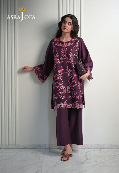 Asra Jofa ASAE-05 dark purple all-over floral embroidered cambric stitched kurta with straight trousers – women's Pakistani suit