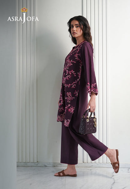 Asra Jofa ASAE-05 plum embroidered cambric 2-piece stitched suit – full length side view with bell sleeves and wide-leg pants