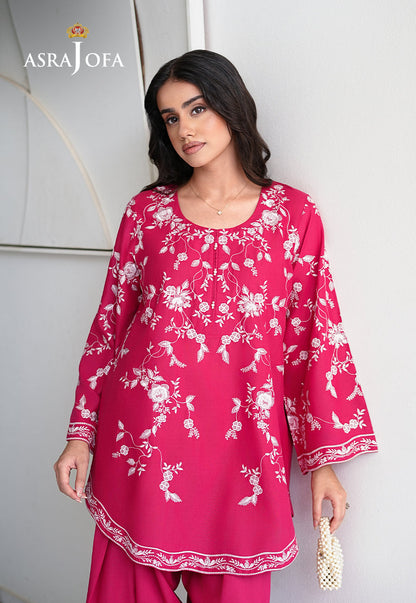 Asra Jofa ASAE-07 hot pink embroidered cambric kurta close-up with white all-over floral embroidery, round neckline and tassel tie detail
