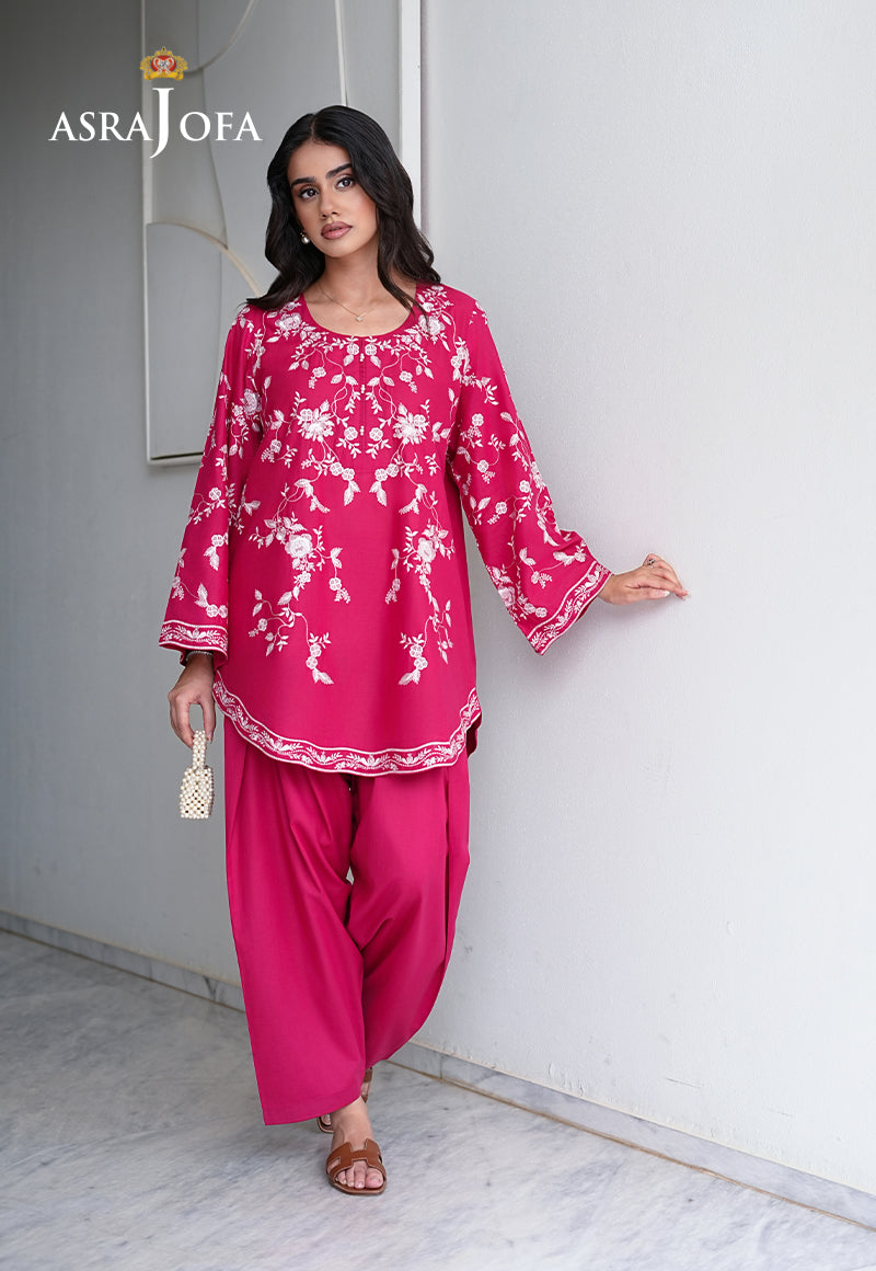 Asra Jofa ASAE-07 hot pink embroidered cambric stitched 2-piece suit with scallop hem and matching salwar – full length women's Pakistani suit
