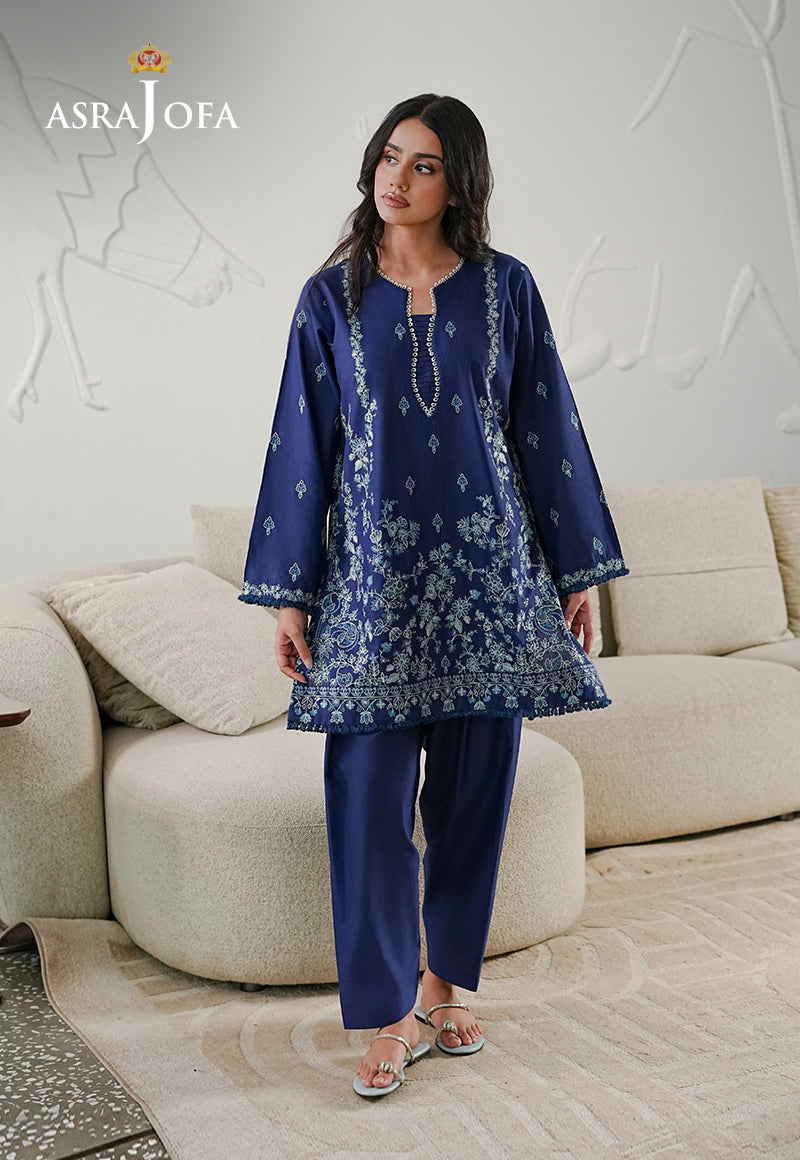 Asra Jofa ASAE-06 royal blue embroidered cambric 2-piece suit with straight trousers – full length front view