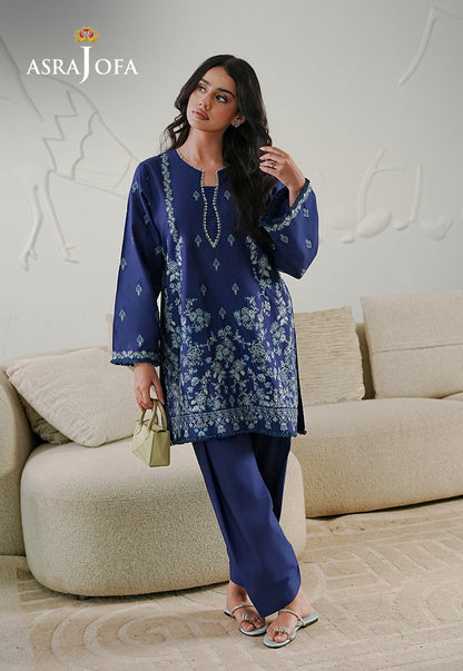 Asra Jofa ASAE-06 navy blue all-over embroidered cambric kurta with pearl neckline trim and fringe cuff sleeves – upper body view