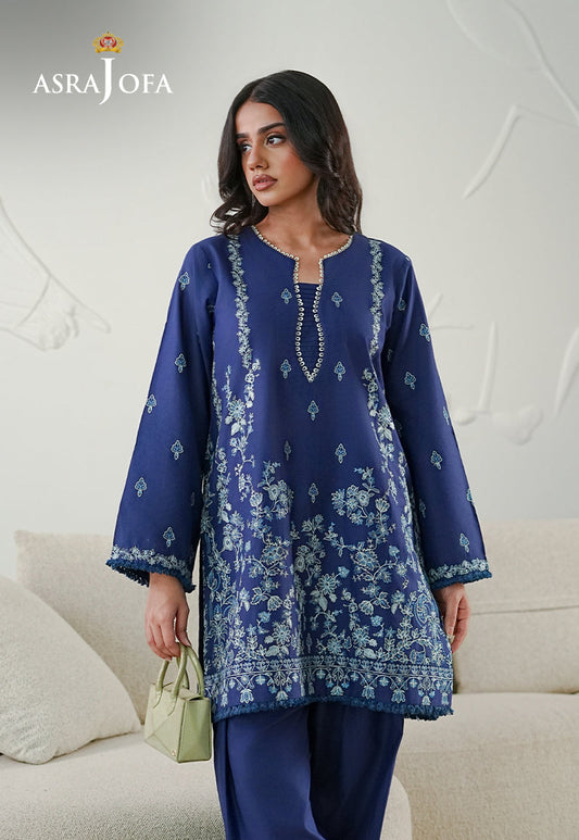 Asra Jofa ASAE-06 close-up of navy cambric kurta with pearl-studded round neckline, silver floral placket embroidery and bell sleeves