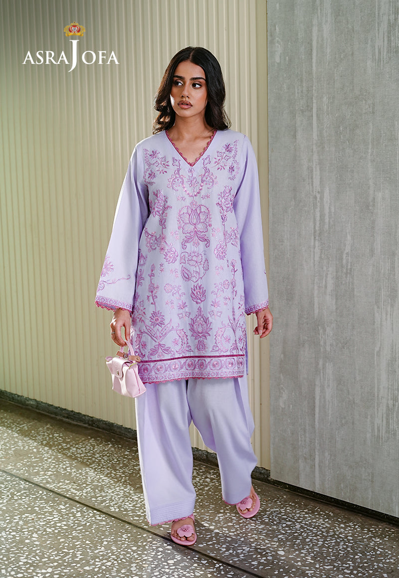 Asra Jofa ASAE-01 lavender embroidered cambric kurti with salwar – front view, model walking