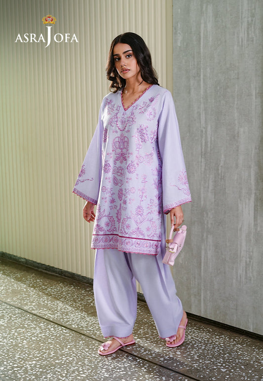 Asra Jofa ASAE-01 lavender embroidered cambric 2-piece suit – front facing full length view