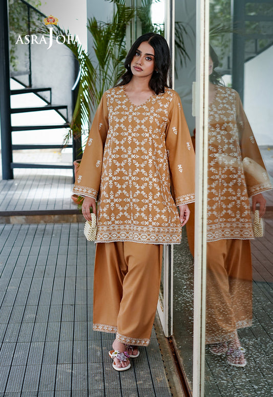 Asra Jofa ASAE-03 mustard embroidered cambric stitched kurta with wide-leg salwar – women's Pakistani ready-to-wear suit
