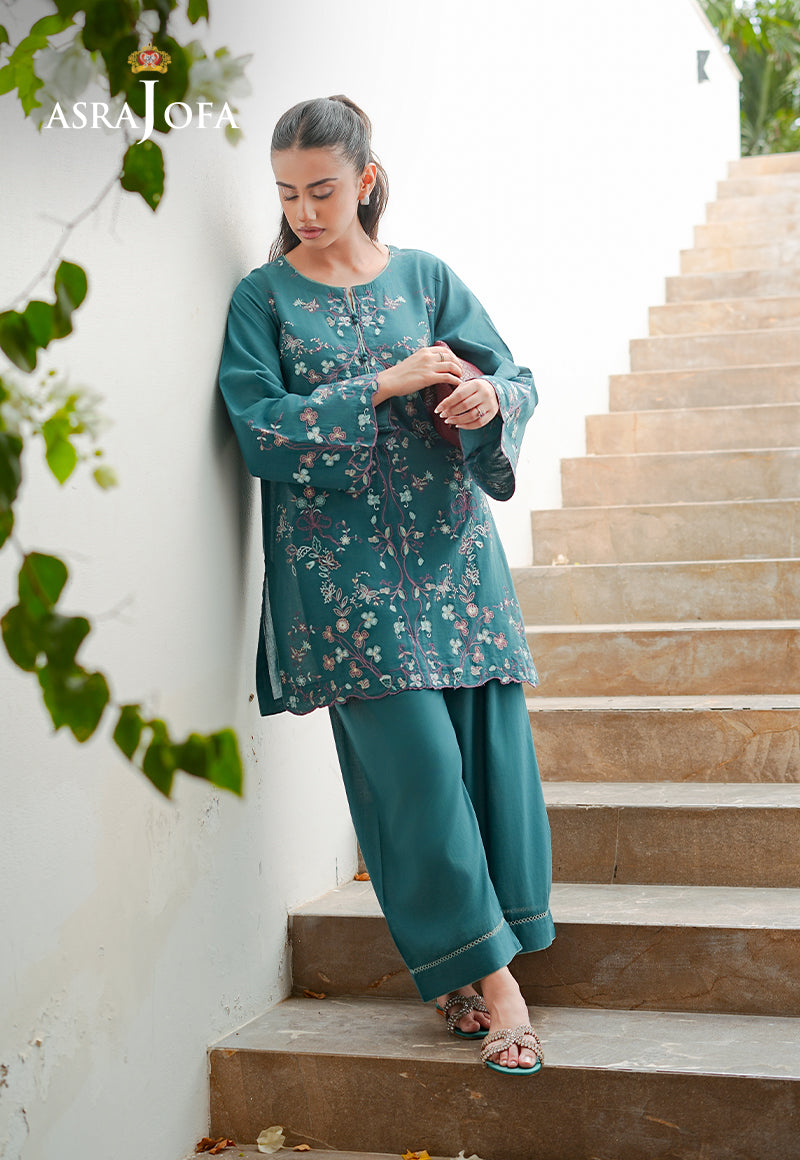Asra Jofa ASAE-02 teal green embroidered cambric 2-piece suit – full length front view with salwar