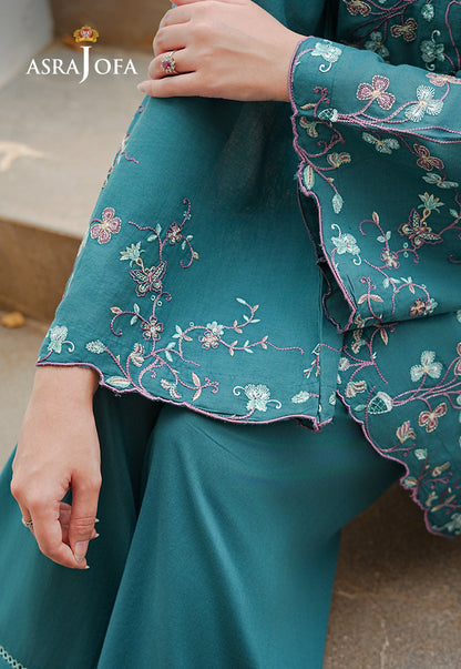 Asra Jofa ASAE-02 close-up of teal cambric kurta with multicolor floral and butterfly embroidery on sleeves and hem