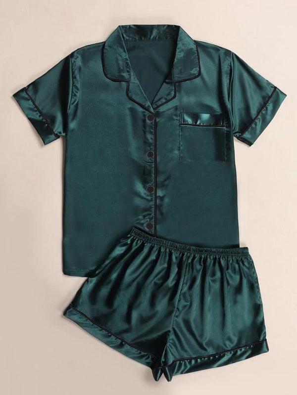 Bella de Fashion Delights Womenâ€™s Contrast Pipping Satin Short PJ Set /Nightdress Silky/ Night Suit For Womenâ€™s  ARJ-SHT-01-DGR