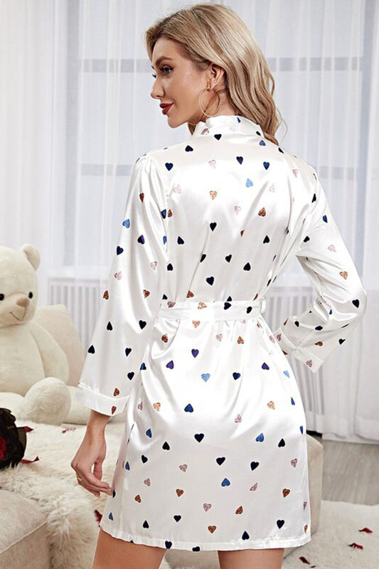 She's Inn Luxe Loungewear Printed Silk Satin Heart Print With Belted Satin Robe