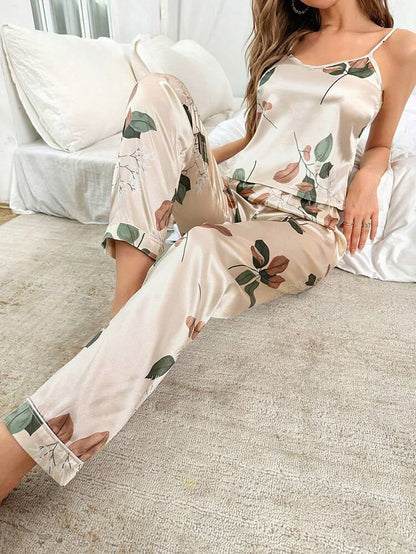 She's Inn Floral Cream Print Satin Camisole And Long Pants Pajama Set