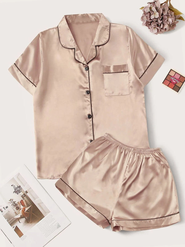 Bella de Fashion Finds Womenâ€™s Contrast Pipping Satin Short PJ Set /Nightdress Silky/ Night Suit For Womenâ€™s  SBA-SS-250-APRICOT