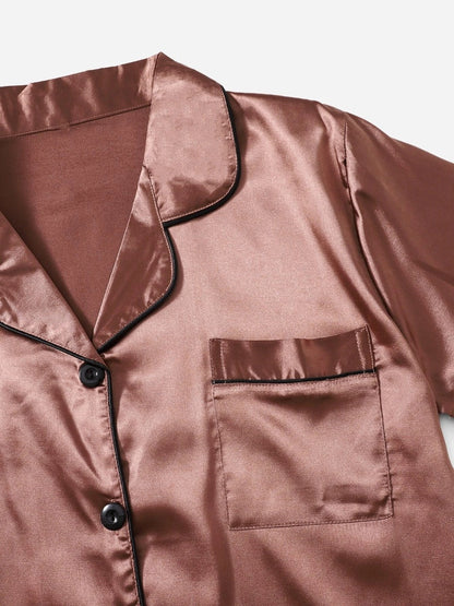 Bella de Fashion Finds Womenâ€™s Contrast Pipping Satin Short PJ Set /Nightdress Silky/ Night Suit For Womenâ€™s  SBA-SS-255-RUST-BROWN