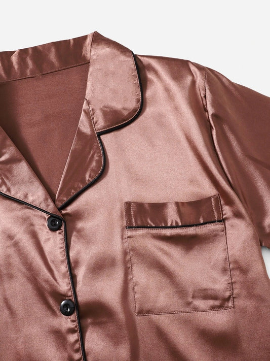 Bella de Fashion Finds Womenâ€™s Contrast Pipping Satin Short PJ Set /Nightdress Silky/ Night Suit For Womenâ€™s  SBA-SS-255-RUST-BROWN