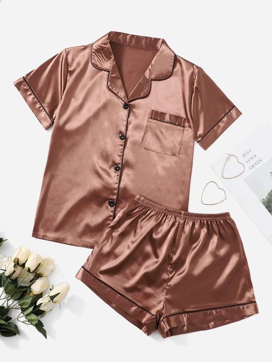 Bella de Fashion Finds Womenâ€™s Contrast Pipping Satin Short PJ Set /Nightdress Silky/ Night Suit For Womenâ€™s  SBA-SS-255-RUST-BROWN