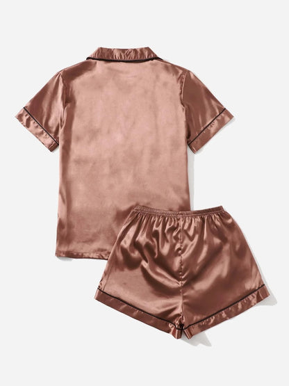 Bella de Fashion Finds Womenâ€™s Contrast Pipping Satin Short PJ Set /Nightdress Silky/ Night Suit For Womenâ€™s  SBA-SS-255-RUST-BROWN