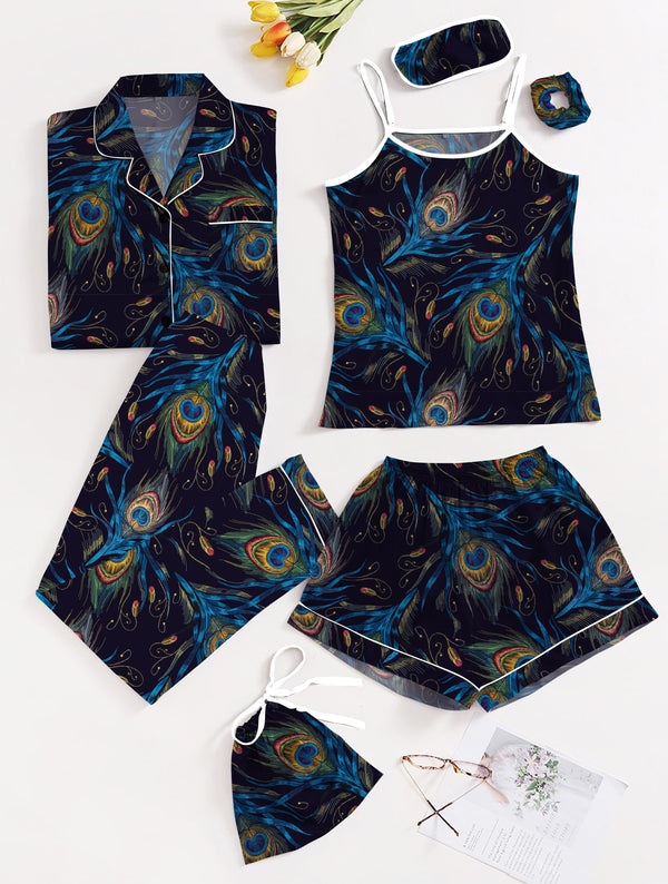 Eshaal Omani Silk Tranquility â€“ Elegant 7-Piece Night Dress Set Silky Finish Night Dress For Women and Girls 7 Piece Night Wear Women's Pajama Sets