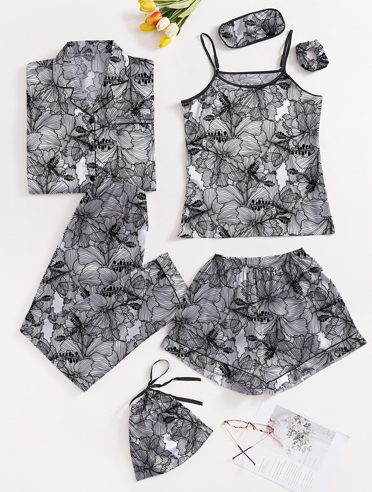 Eshaal Omani Elegant Rest â€“ Luxurious 7-Piece Silk Pajama Set Silky Finish Night Dress For Women and Girls 7 Piece Night Wear Women's Pajama Sets