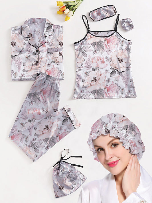Eshaal Omani Velvet Serenity â€“ 7-Piece Silky Pajama Set Silky Finish Night Dress For Women and Girls 7 Piece Night Wear Women's Pajama Sets
