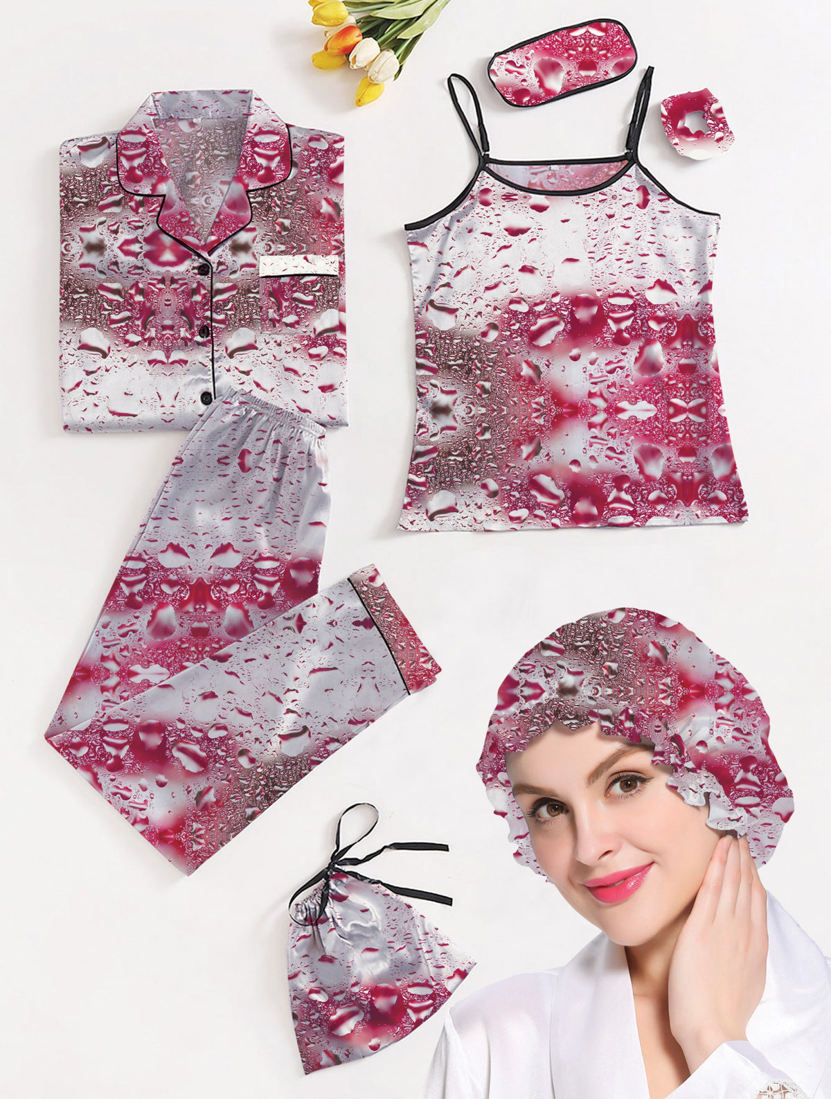 Eshaal Omani Opulent Bliss â€“ Silky Night Dress and Pajama Set Silky Finish Night Dress For Women and Girls 7 Piece Night Wear Women's Pajama Sets