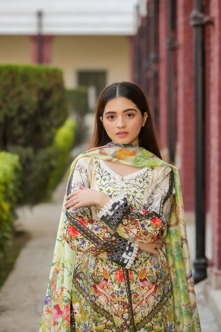 Elegant 3Piece Lawn Suit by Saadia Ahmed with Floral Print and Lightweight Fabric for Summer Wear