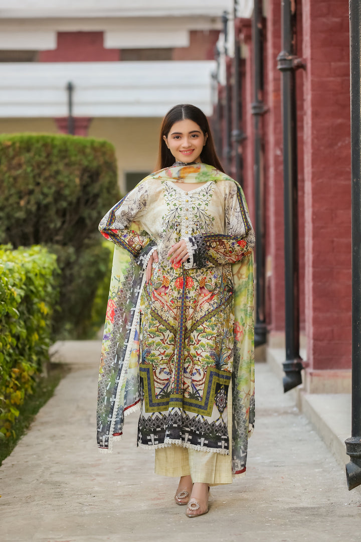 Saadia Ahmed Elegant 3-piece lawn suit featuring floral patterns in vibrant colors for spring fashion