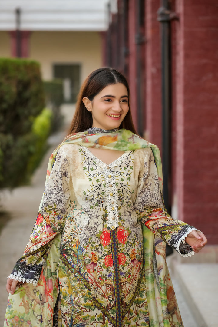 Elegant 3Pc Lawn Suit by Aftab25 with Floral Print and Embellished Neckline for Women