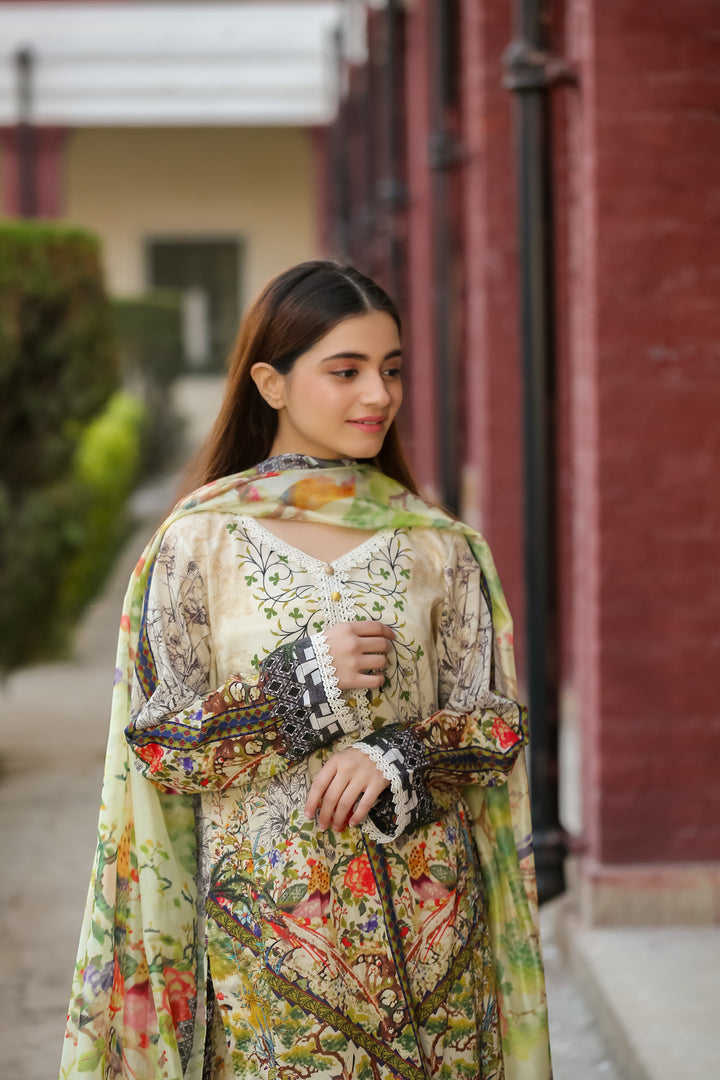 Saadia Ahmed 3PC Lawn Suit with Intricate Floral Print and Elegant Chiffon Dupatta