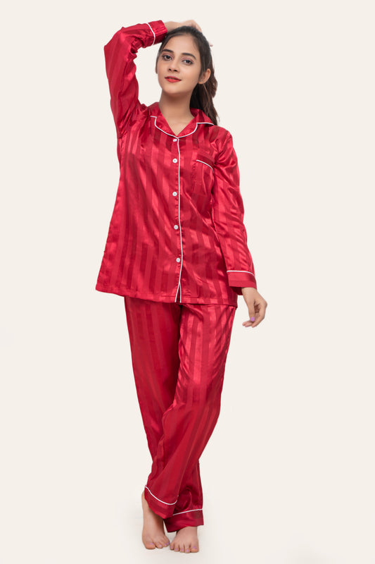 Studio by Arj Women's Vintage Shadow Stripe Burguandy Nightwear Pajama Set â€“ Soft & Comfortable Two-Piece Sleepwear for Relaxed Nights