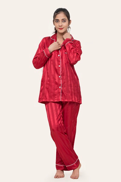 Studio by Arj Women's Vintage Shadow Stripe Burguandy Nightwear Pajama Set â€“ Soft & Comfortable Two-Piece Sleepwear for Relaxed Nights