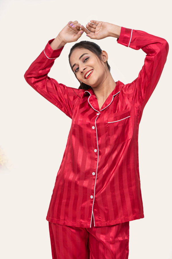 Studio by Arj Women's Vintage Shadow Stripe Burguandy Nightwear Pajama Set â€“ Soft & Comfortable Two-Piece Sleepwear for Relaxed Nights