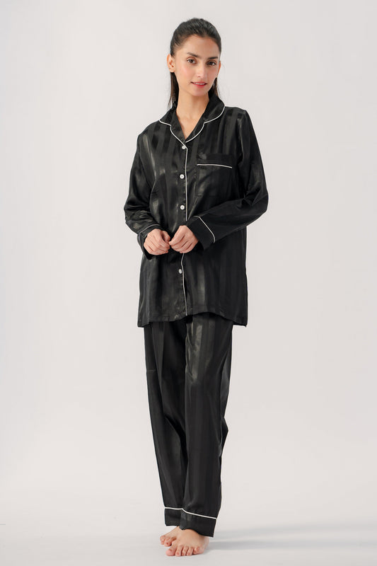 Studio by Arj Women's Vintage Shadow Stripe Black Nightwear Pajama Set â€“ Soft & Comfortable Two-Piece Sleepwear for Relaxed Nights