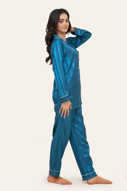 Studio by Arj Women's Vintage Shadow Stripe Teal Nightwear Pajama Set â€“ Soft & Comfortable Two-Piece Sleepwear for Relaxed Nights
