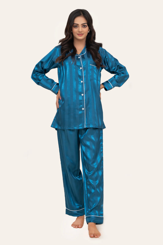Studio by Arj Women's Vintage Shadow Stripe Teal Nightwear Pajama Set â€“ Soft & Comfortable Two-Piece Sleepwear for Relaxed Nights