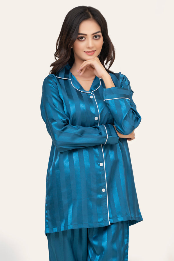 Studio by Arj Women's Vintage Shadow Stripe Teal Nightwear Pajama Set â€“ Soft & Comfortable Two-Piece Sleepwear for Relaxed Nights