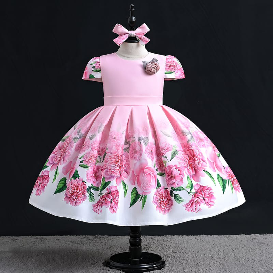 Girl 3D Pink Flower Bunch Digital Printed Frock