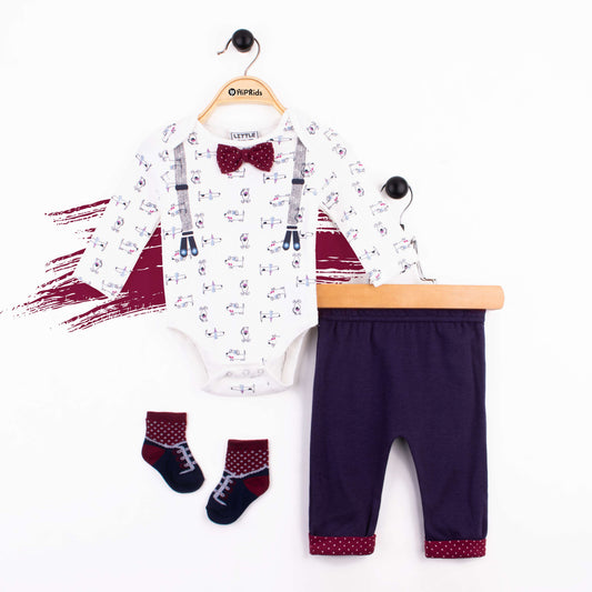 Baby Boy 3 Piece Mahroon Bow Gallis Print
