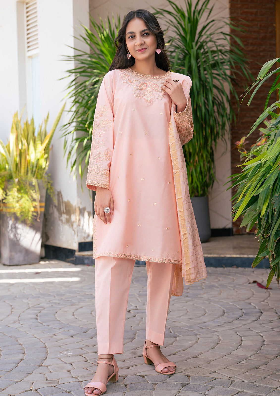 T-SFC-005, Embroidery shirt with plan trouser and peach dupatta, 3 Pcs Suit