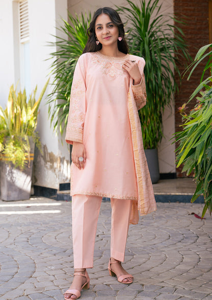 T-SFC-005, Embroidery shirt with plan trouser and peach dupatta, 3 Pcs Suit