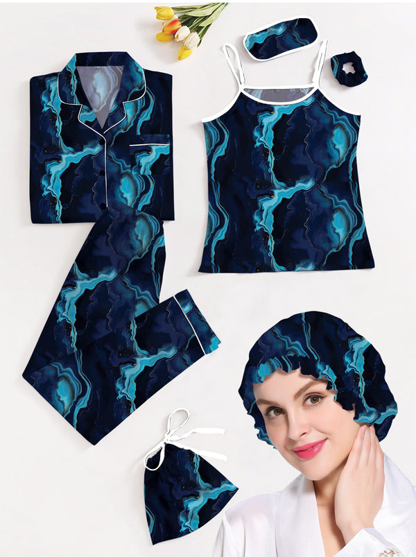 Studio By Arj Eshaal Omani Dreamy Nights – Silky Finish 7-Piece Pajama Set Silky Finish Night Dress For Women and Girls 7 Piece Night Wear Women's Pajama Sets