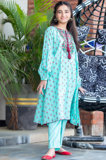 2PCSFRK-044, Blue cotton lawn dress, with neck line embroidered combination of pink