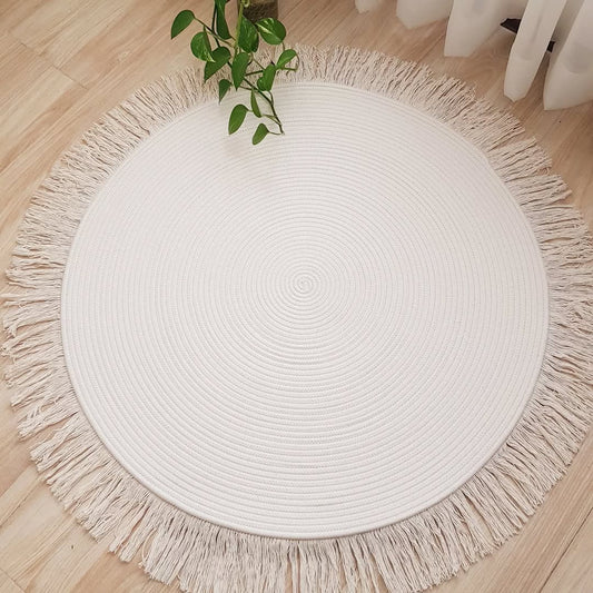 Cotton Rope Rug with Tassels  Round Boho Rug for Home Decor - 48 inches (4 ft)