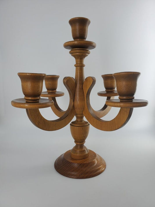 Vintage Charles Lesters MCM Wooden Candelabra: 5 Candle Holder