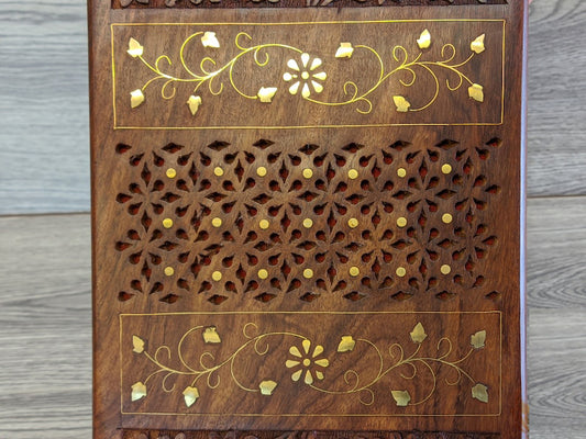 Wooden Box with Minimalist Decor, Floral Inlay, and Carved Designs