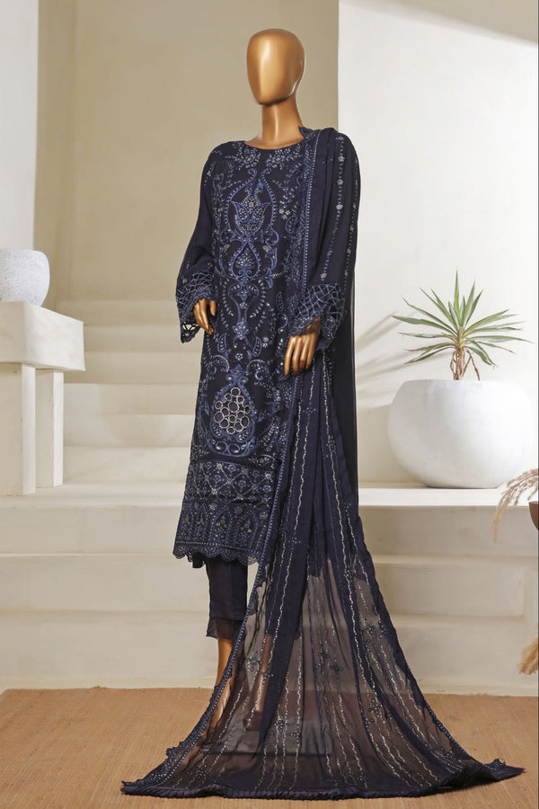 Bin Saeed Stitched 3 Piece Luxury Emb Chiffon Collection'2025-RTSC-2148-Navy Blue